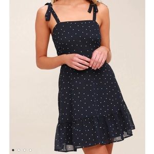 Lulu’s Dotty About You Navy Blue/White Polka Dot Tie-Strap Dress
